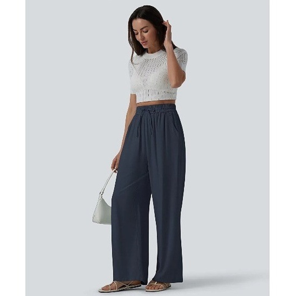 Halara High-Rise Drawstring Wide-Leg Casual Linen-Blend Pants Dark Blue LP EUC